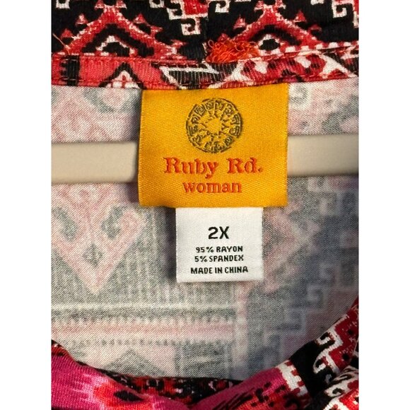 NWT Ruby Rd Womens 2X Cowl Neck Tunic Top 3/4 Sleeve Red Pink Stretchy 26"x28" - Picture 5 of 7